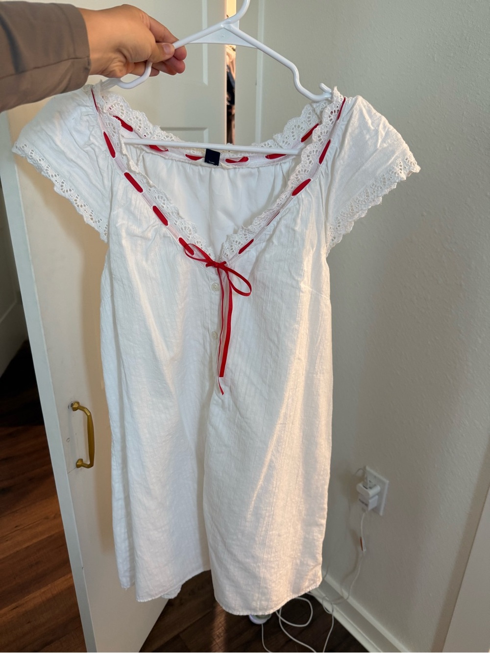 White Eyelet Lace Cotton Women's dress with Red Ribbon Detail